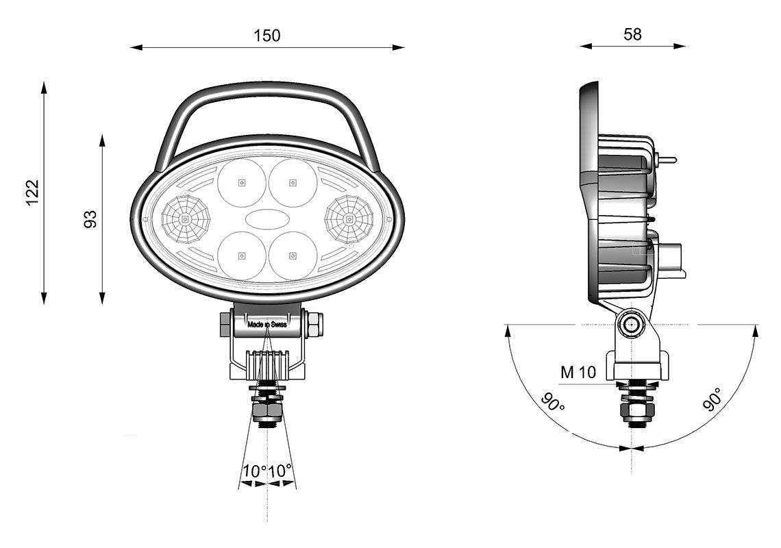 Faro da lavoro LED ovale 150X93mm con maniglia ed interruttore - cavo